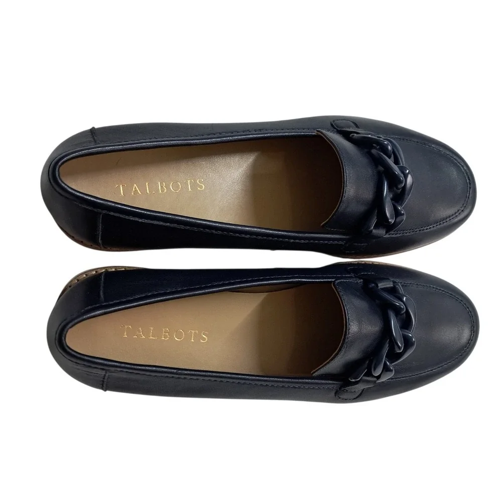 New Talbots Laura Chain Loafers Womens 8M Indigo‎ Blue Leather Slip On Preppy